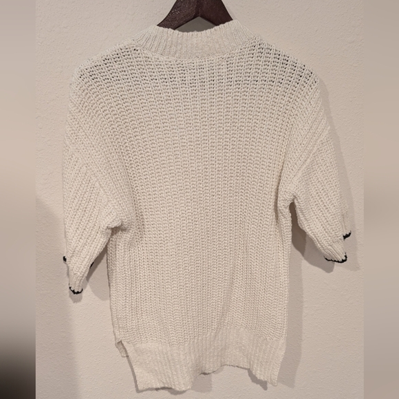 Loft Cotton White Open Knit Sweater with Black Trim Oversized Small - Picture 5 of 5